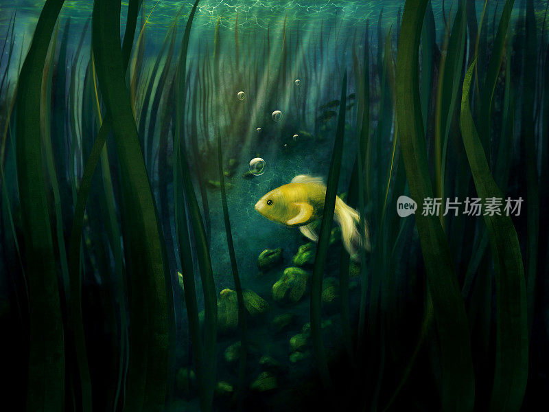 Little yellow fish alone in an underwater scenery - digital painting
